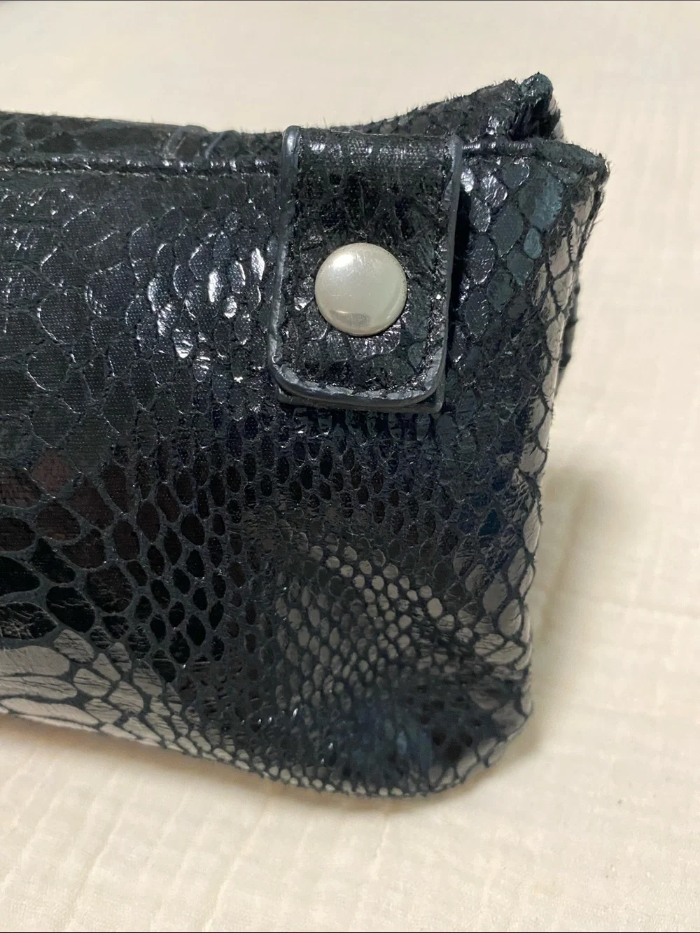 London Fog Black Patent Snakeskin-Embossed Clutch with Silver Hardware